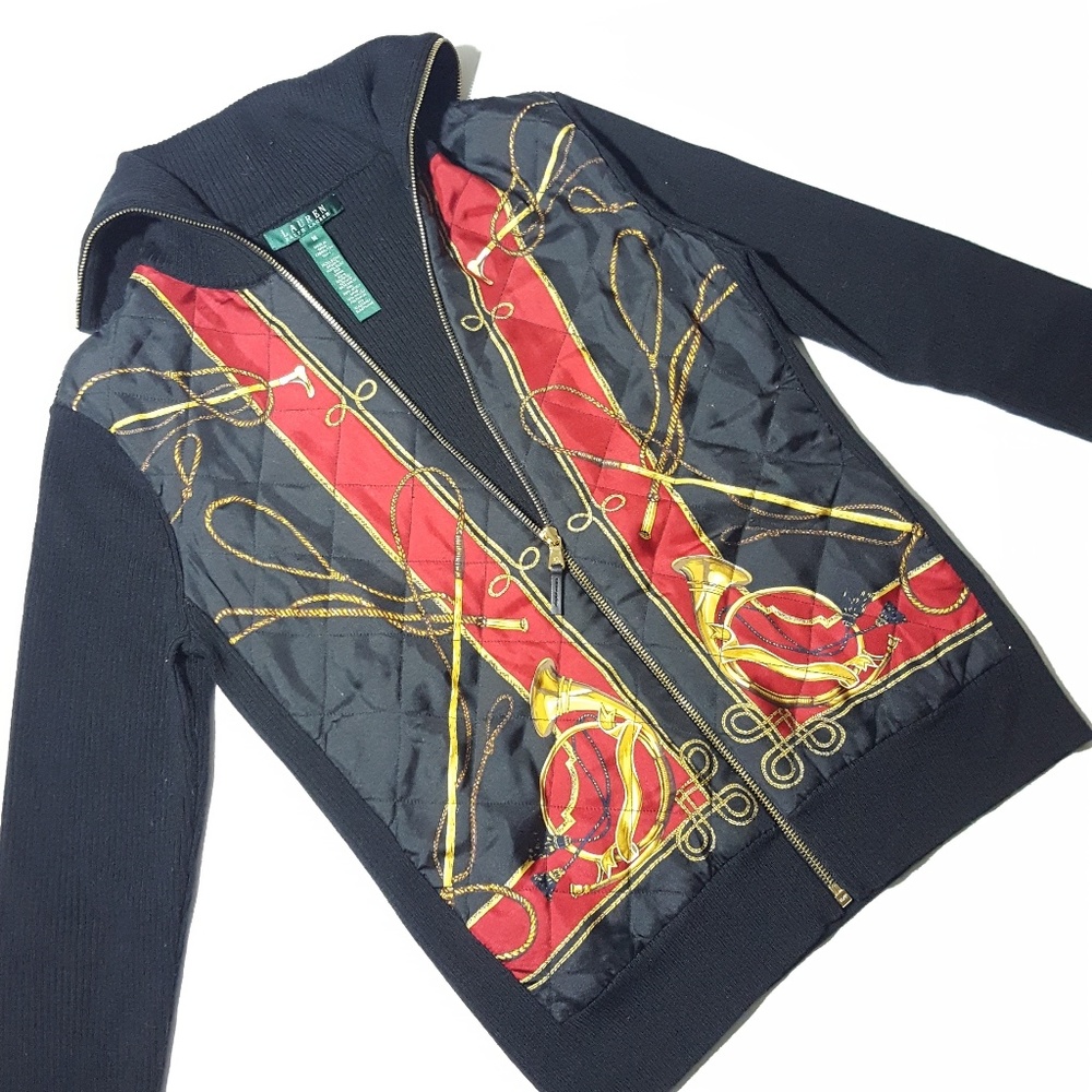 RALPH LAUREN full zip silk front sweater